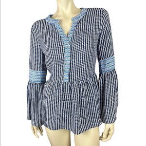 NWT Adorable Blue/Black/White Blouse with Bell Sleeves from DuJour Size Small